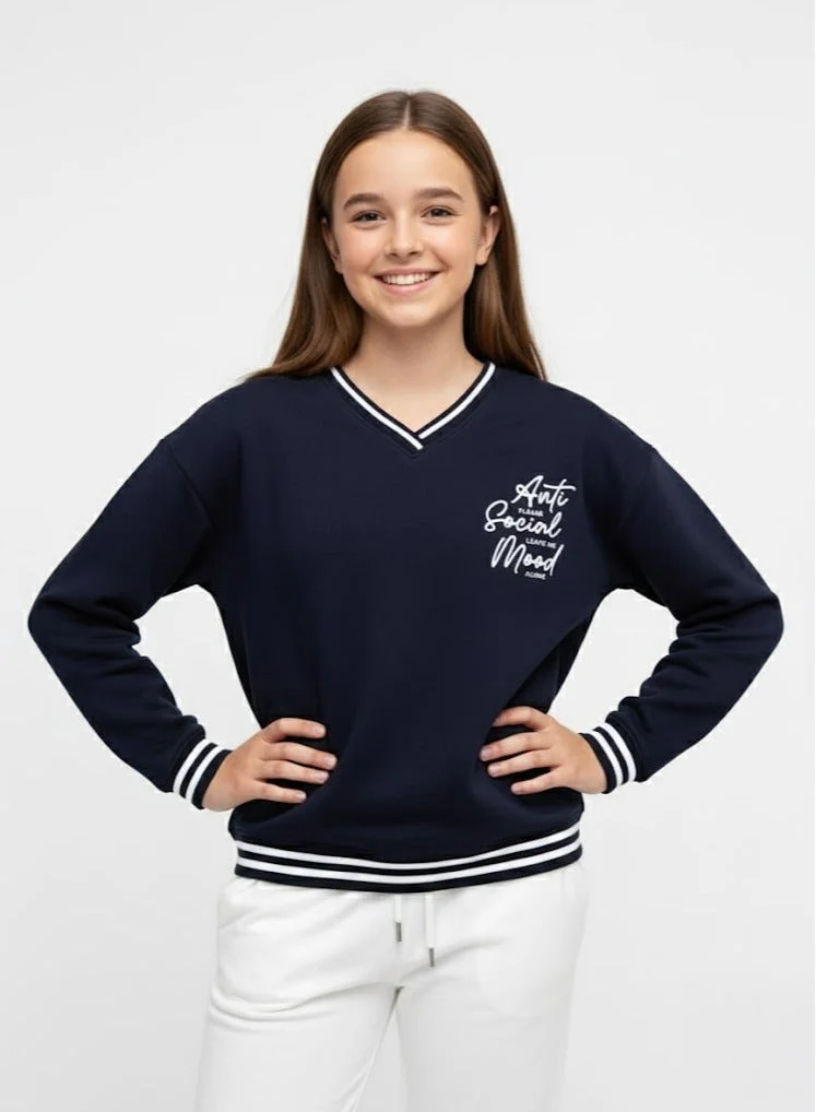 Victor And Jane  V-Neck "Anti Social Mood" Sweatshirt – Navy | 100% Cotton Fleece | for Women | Best Price UAE