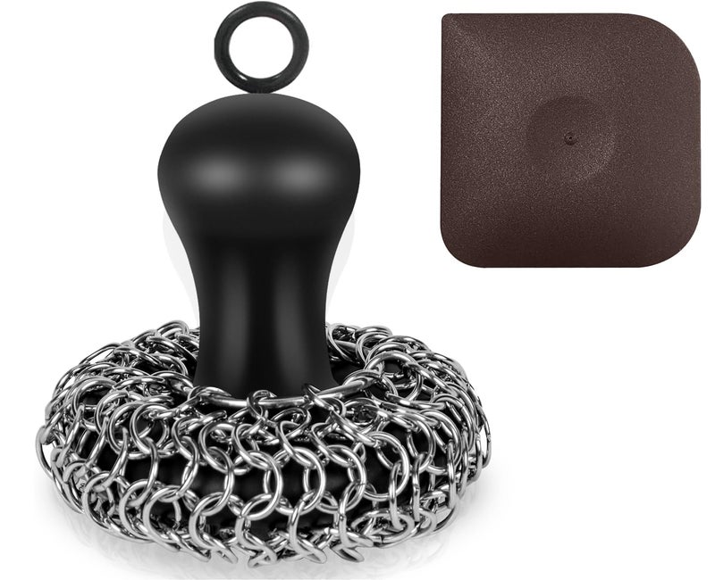 Cast Iron Cleaner Scrubber with Pan Scraper Upgraded Chain Mail Scrubber Cast Iron Cleaning Kit Metal Chainmail Scrubbing Sponge Scrub Brush to Clean Pan Skillet Grill Dutch Oven Wok