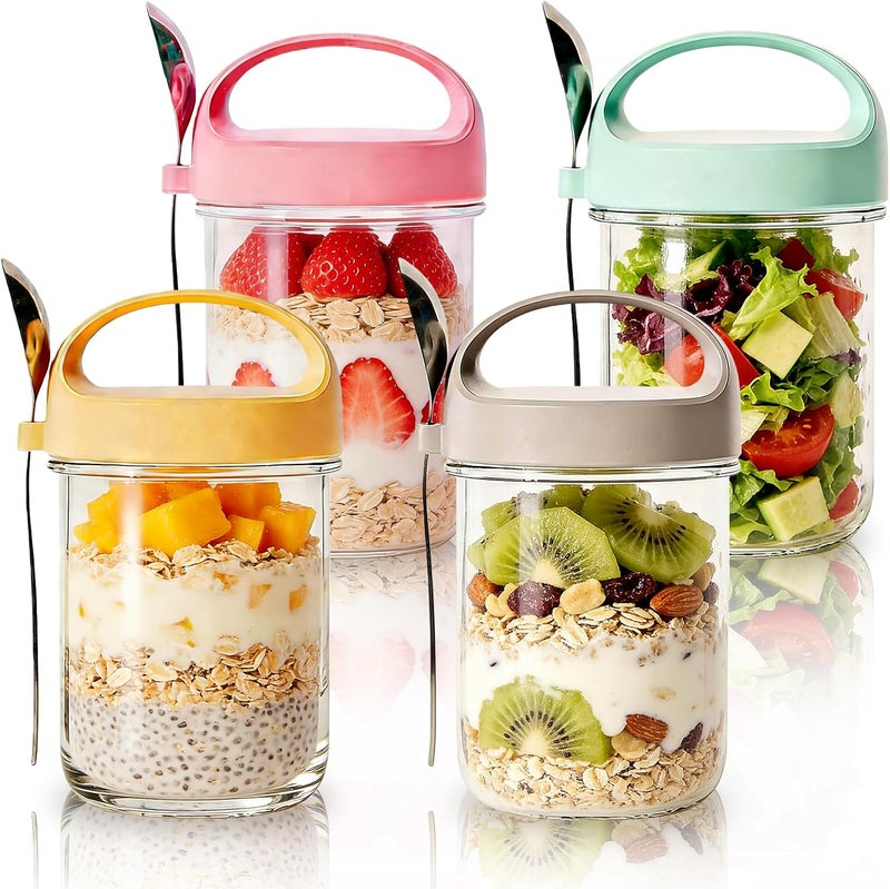 MEETOZ 4 Pack Overnight Oats Jars, Overnight Oats Container with Lid and Spoon,15oz Large Capacity Glass Jars with Screw lids,for Salads Cereal Milk Porridge Fruit - Image 1