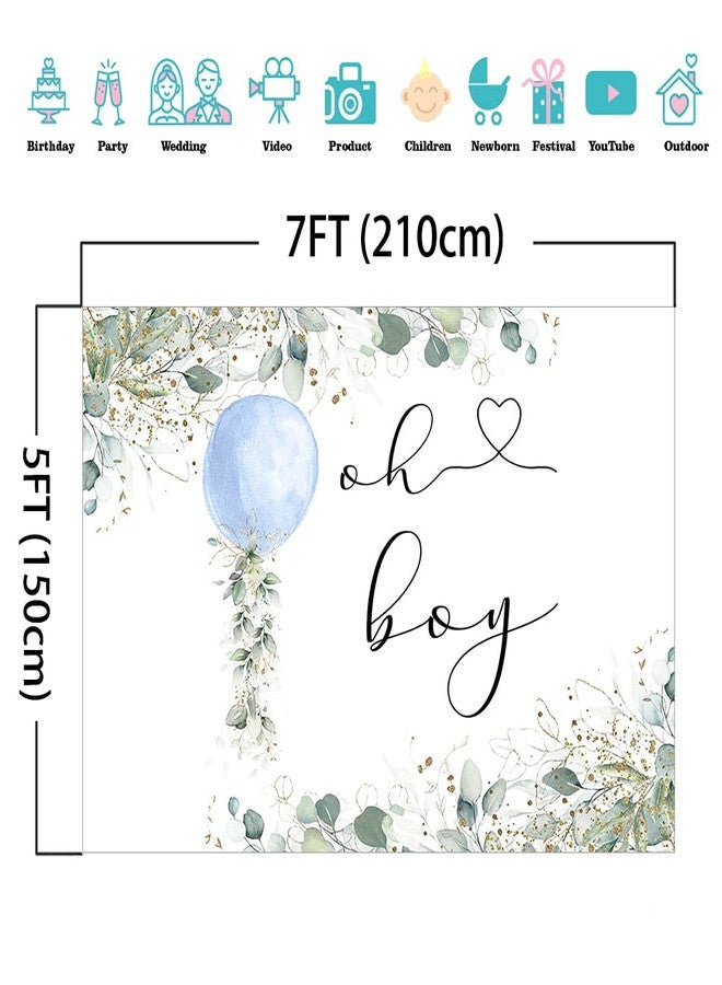Mocsicka Oh Boy Watercolor Blue Balloon Backdrop Greenery Boy Baby Shower Background Botanical Eucalyptus Baby Shower Party Cake Table Decoration Banner Photo Booth Props (7x5ft) - Image 3
