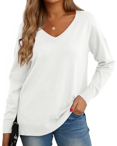 GRECERELLE Womens VNeck Long Sleeve Side Split Loose Casual Knit Pullover Sweater Blouse WhiteLarge