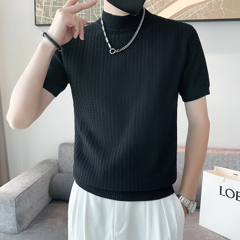 Mens Slim Fit Knit Sweater Short Sleeve Solid Black - Image 1