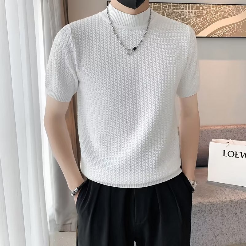 Mens Slim Fit Knit Sweater Short Sleeve Solid Black - Image 2