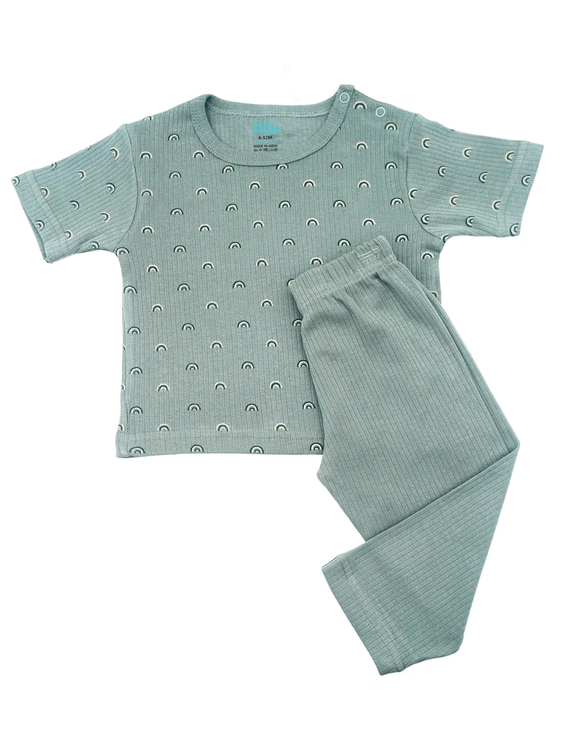 Babies Basic Babies Basic Ribbed Cotton Printed Short Sleeves T-shirt and Pyjama Set, Green
