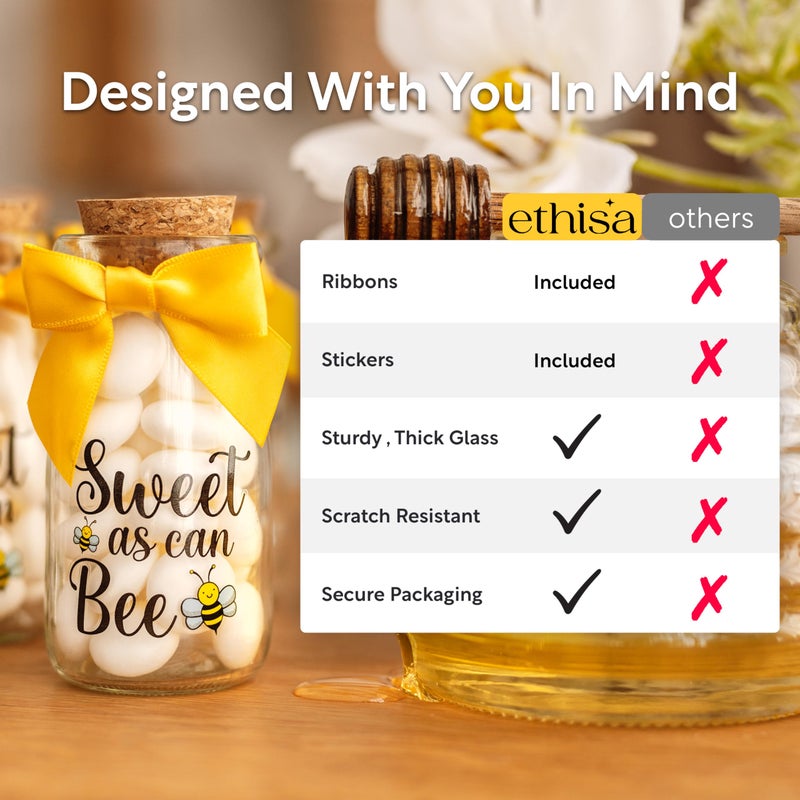 Ethisa Small 24 Pack Bee Party Favor Glass Bottles with Ribbons and Stickers - Baby Shower and Birthday Souvenir for Guests and Table Centerpiece Decoration - Sweet as Can Bee Honey Themed Candy Jar - Image 5