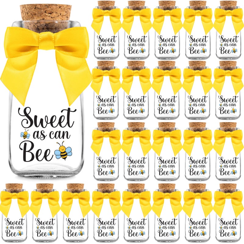 Ethisa Small 24 Pack Bee Party Favor Glass Bottles with Ribbons and Stickers - Baby Shower and Birthday Souvenir for Guests and Table Centerpiece Decoration - Sweet as Can Bee Honey Themed Candy Jar - Image 1