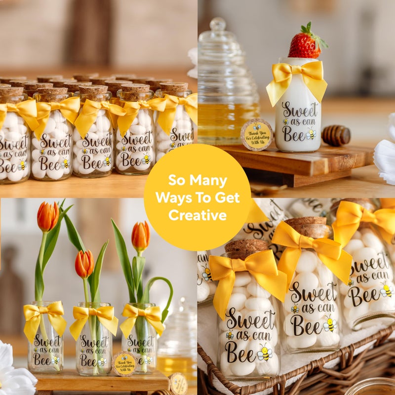 Ethisa Small 24 Pack Bee Party Favor Glass Bottles with Ribbons and Stickers - Baby Shower and Birthday Souvenir for Guests and Table Centerpiece Decoration - Sweet as Can Bee Honey Themed Candy Jar - Image 4