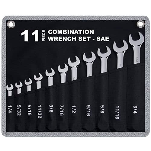 EFFICERE 11-Piece SAE Combination Wrench Set in Roll-up Pouch, Non-Skip Inch Sizes 1/4 to 3/4” | Chrome Vanadium Steel with Mirror Finish | Ideal for General Household, Garage Workshop, Auto Repairs and More - Image 1