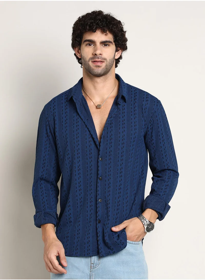 Campus Sutra Men's Indigo Blue Chevron-Loop Shirt
