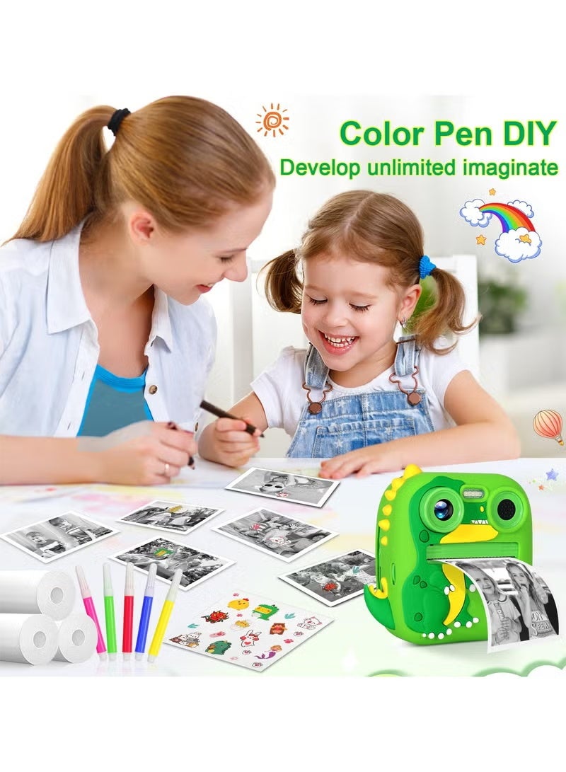 XiuWoo Dinosaur Instant Print Camera for Kids - 2.4" Dual Lens Selfie Camera with 1080P HD & 4 Printing Paper Rolls, Complete Set with Lanyard and Bracelets (Green Dinosaur) - Image 5
