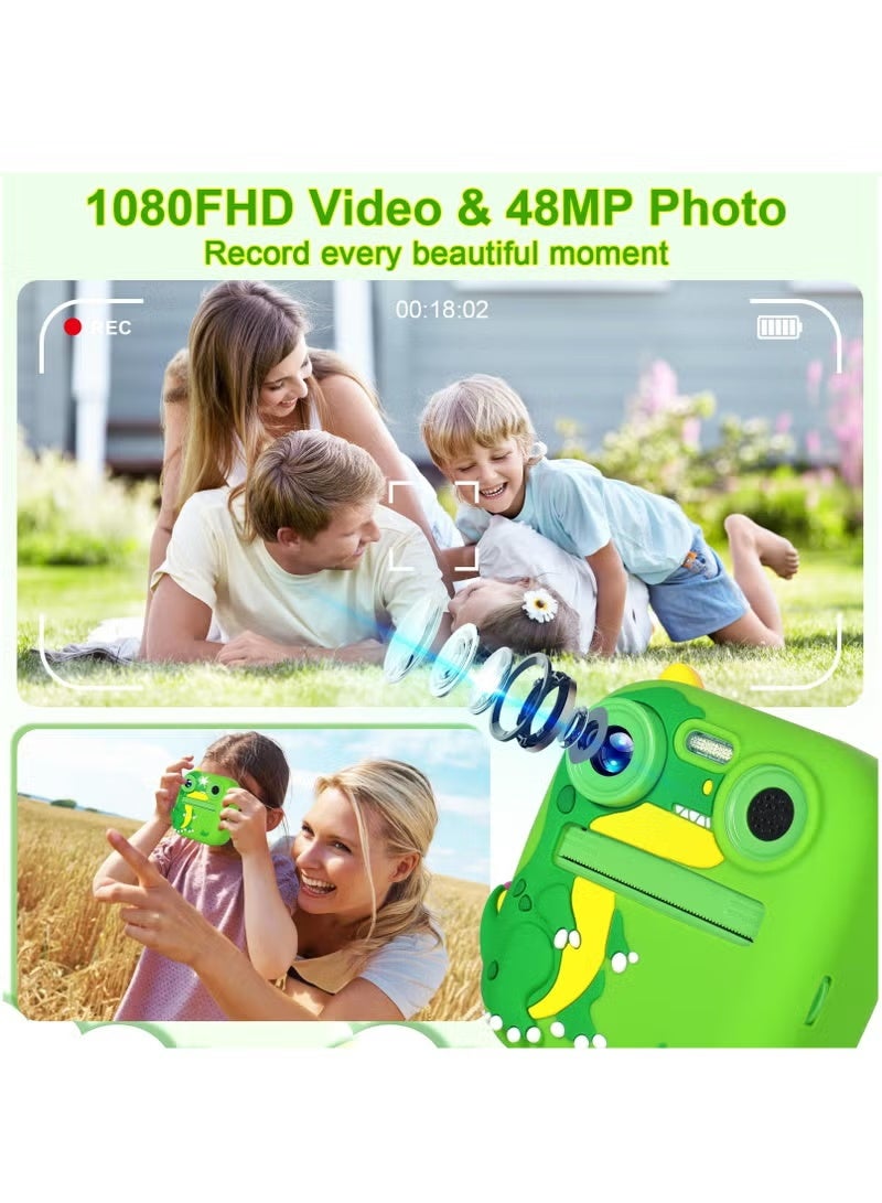 XiuWoo Dinosaur Instant Print Camera for Kids - 2.4" Dual Lens Selfie Camera with 1080P HD & 4 Printing Paper Rolls, Complete Set with Lanyard and Bracelets (Green Dinosaur) - Image 3