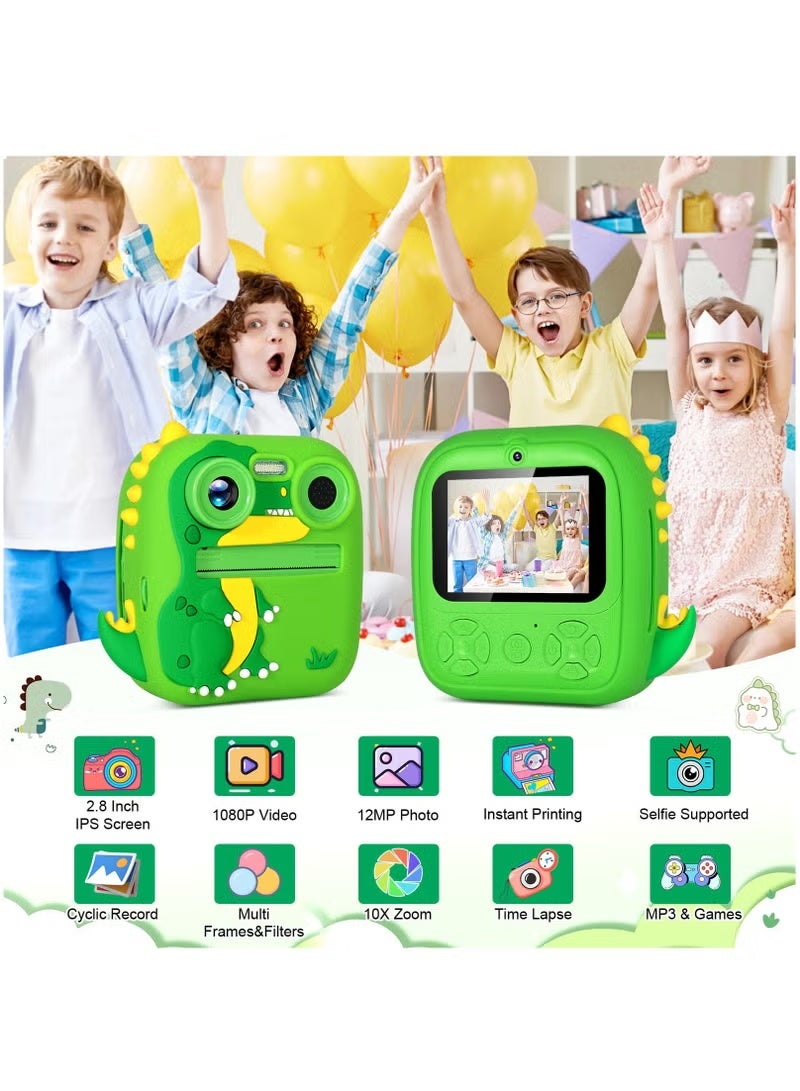 XiuWoo Dinosaur Instant Print Camera for Kids - 2.4" Dual Lens Selfie Camera with 1080P HD & 4 Printing Paper Rolls, Complete Set with Lanyard and Bracelets (Green Dinosaur) - Image 2
