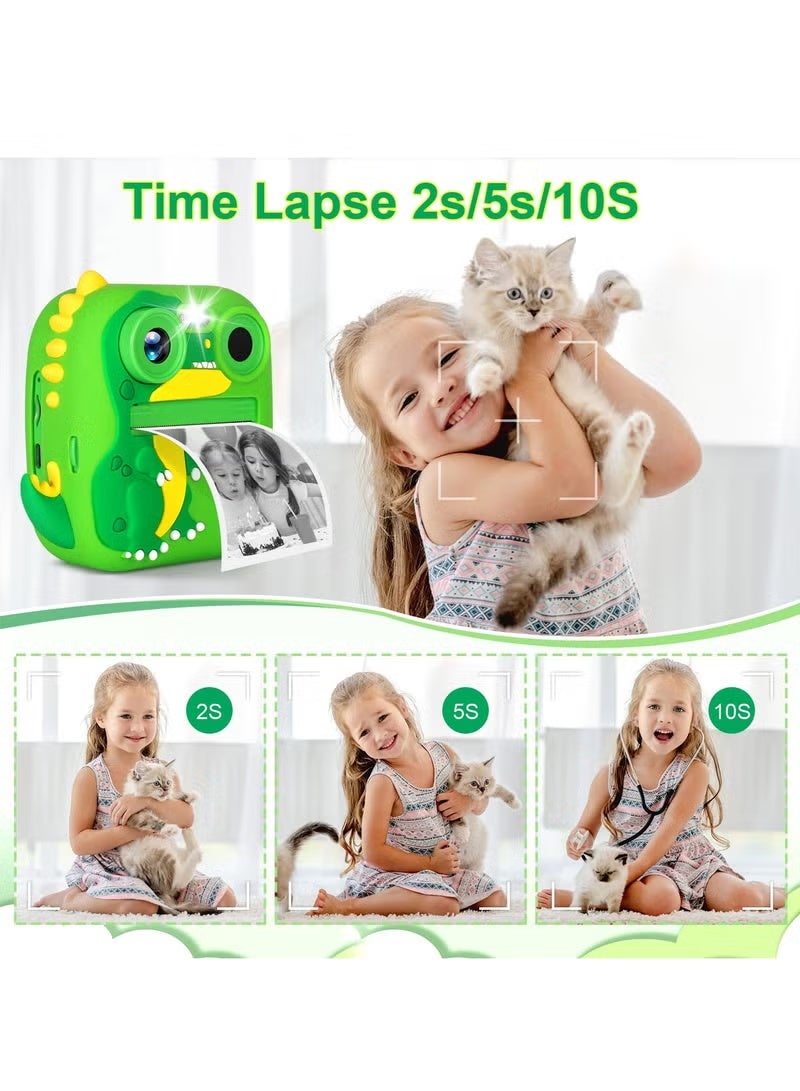XiuWoo Dinosaur Instant Print Camera for Kids - 2.4" Dual Lens Selfie Camera with 1080P HD & 4 Printing Paper Rolls, Complete Set with Lanyard and Bracelets (Green Dinosaur) - Image 4