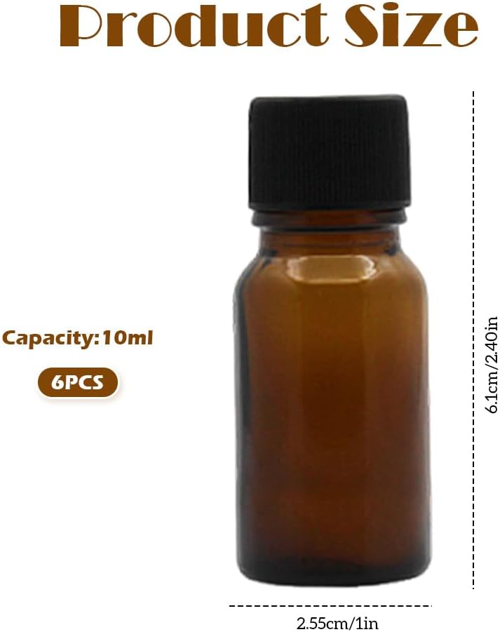 SYBL 6Pcs Amber Glass Essential Oil Bottles with Orifice Reducer and Black Cap Empty Cosmetic Perfume Aromatherapy Storage Container Vial Pots Portable Refillable size 10ml/0.33oz - Image 2