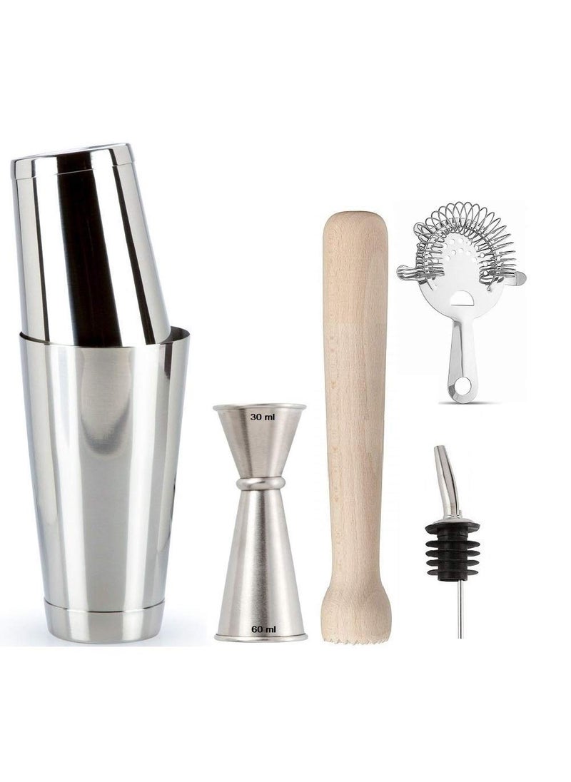 NJ NJ Boston Shakers Set Wooden Muddler Heathrow Strainer and Japanese Style Peg Measurer 30 and 60 ml and Pourer: 6 Pieces Set  - Image 1