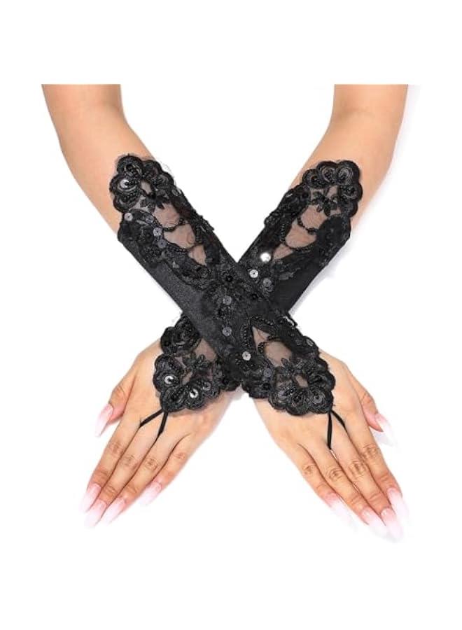 Fingerless Satin Gloves Sequin Lace Wedding Gloves Beads Short Gloves for Women - Image 1