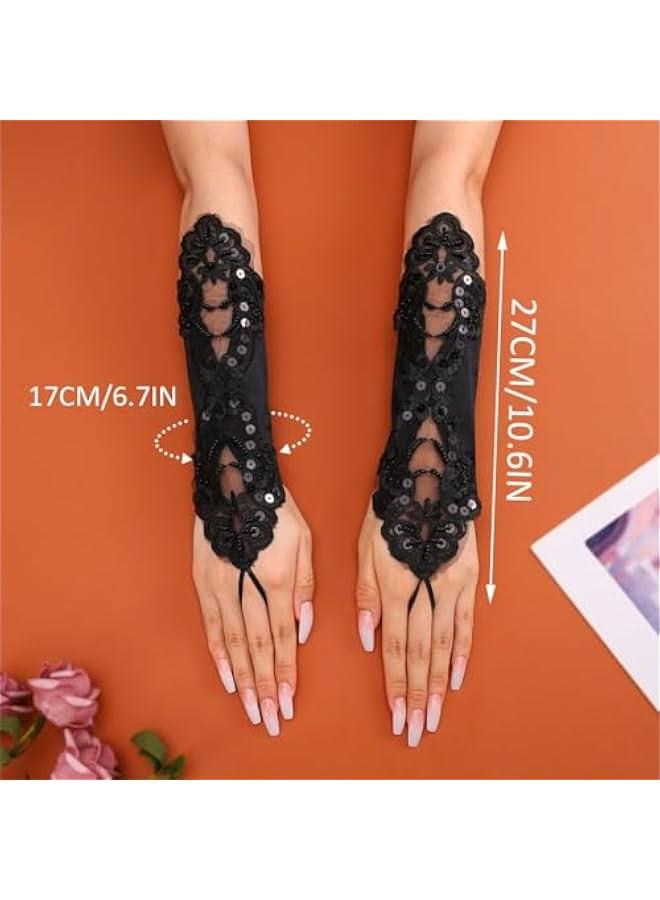 Fingerless Satin Gloves Sequin Lace Wedding Gloves Beads Short Gloves for Women - Image 2