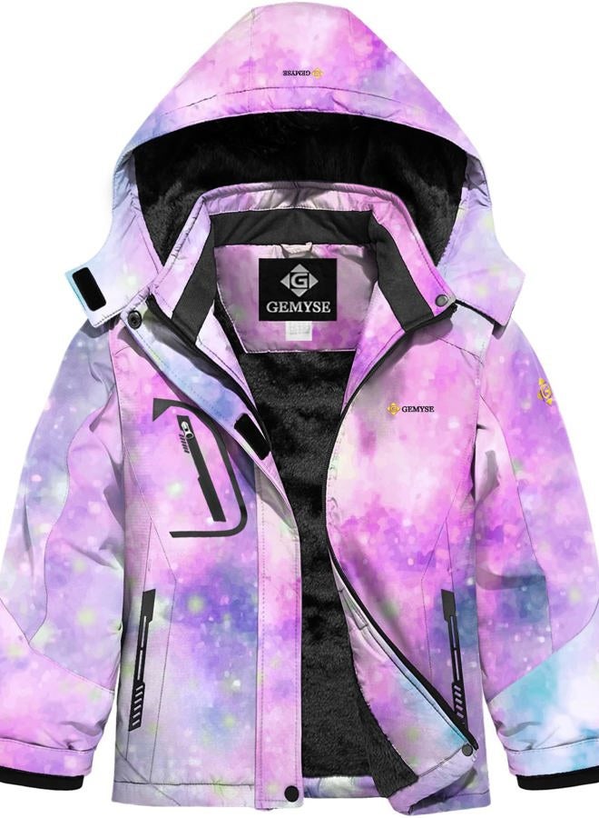 GEMYSE Girl's Waterproof Ski Snow Jacket Fleece Windproof Winter Jacket with Hood (Watercolor Purple,14/16) - Image 1