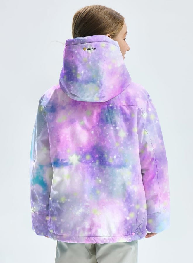 GEMYSE Girl's Waterproof Ski Snow Jacket Fleece Windproof Winter Jacket with Hood (Watercolor Purple,14/16) - Image 3