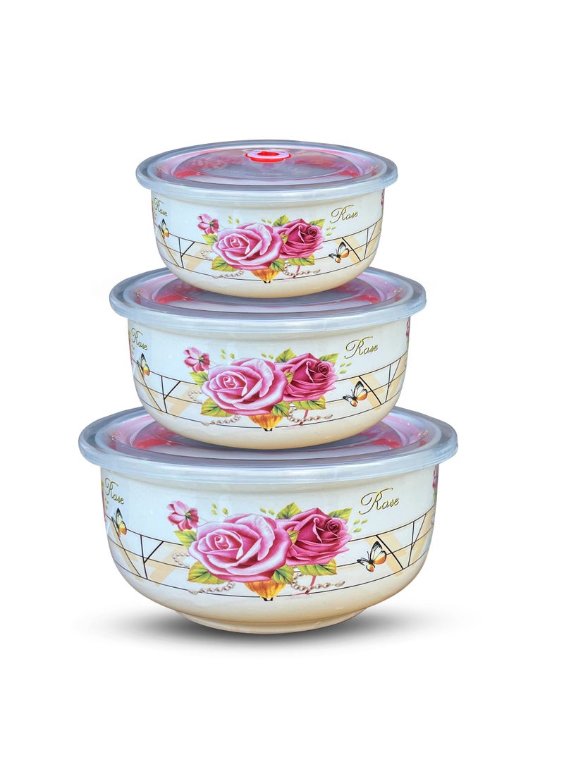 طقم أطباق سيراميك 3 قطع مع أغطية محكمة – تصميم زهور رقم 3 – للتحضير، التخزين، والتقديم – مثالي للشوربات، السلطات، الفواكه، والمزيد - Image 1