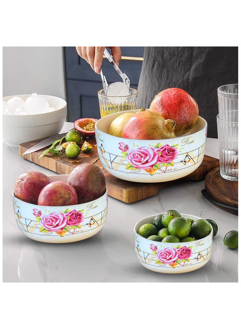طقم أطباق سيراميك 3 قطع مع أغطية محكمة – تصميم زهور رقم 3 – للتحضير، التخزين، والتقديم – مثالي للشوربات، السلطات، الفواكه، والمزيد - Image 3