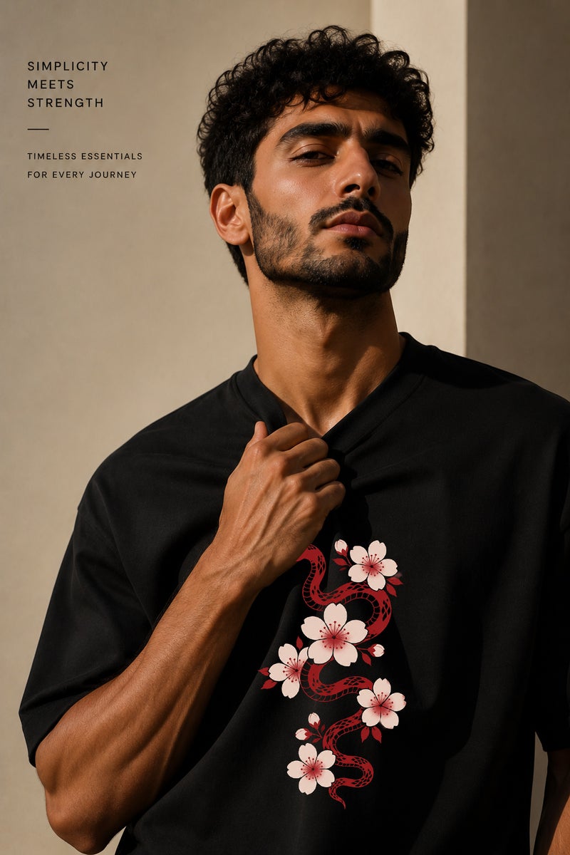 Men's Black Oversized Snake and Floral Graphic T-Shirt Casual Short Sleeve Crew Neck Streetwear Tee - Image 5