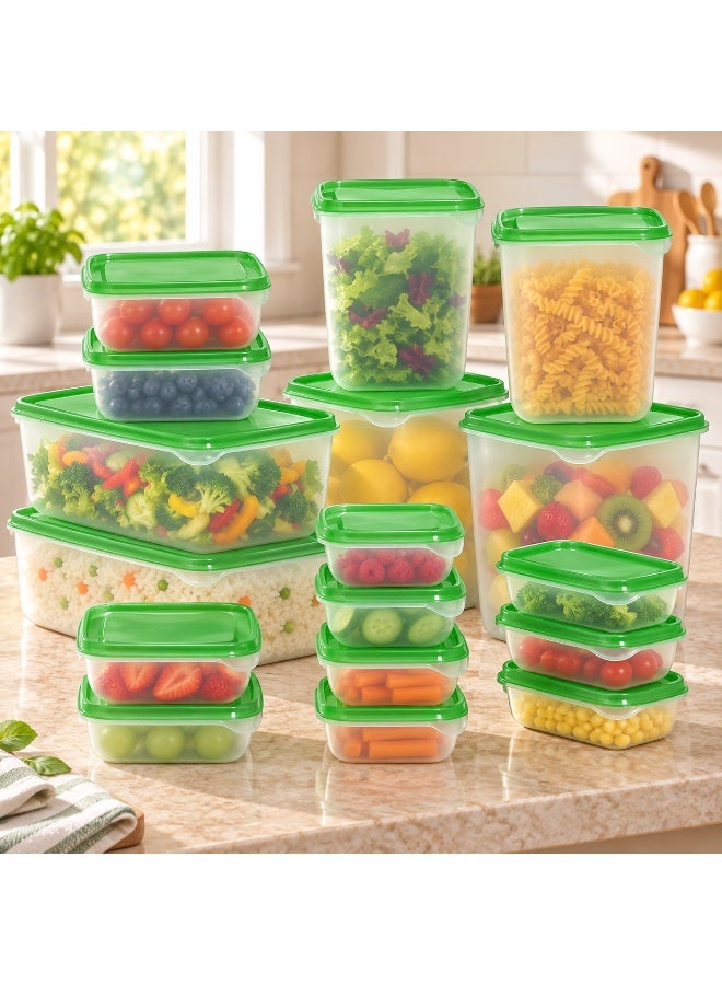 BLOOMING TIME 17-Piece Food Storage Container Set with Green Lids, BPA-Free Reusable Plastic Containers, Stackable & Space-Saving, Leak-Resistant Meal Prep Boxes for Kitchen, Fridge & Pantry, Microwave, Freezer and Dishwasher Safe - Image 3