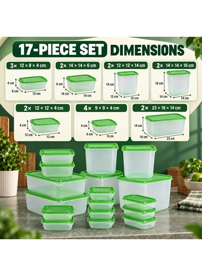 BLOOMING TIME 17-Piece Food Storage Container Set with Green Lids, BPA-Free Reusable Plastic Containers, Stackable & Space-Saving, Leak-Resistant Meal Prep Boxes for Kitchen, Fridge & Pantry, Microwave, Freezer and Dishwasher Safe - Image 4