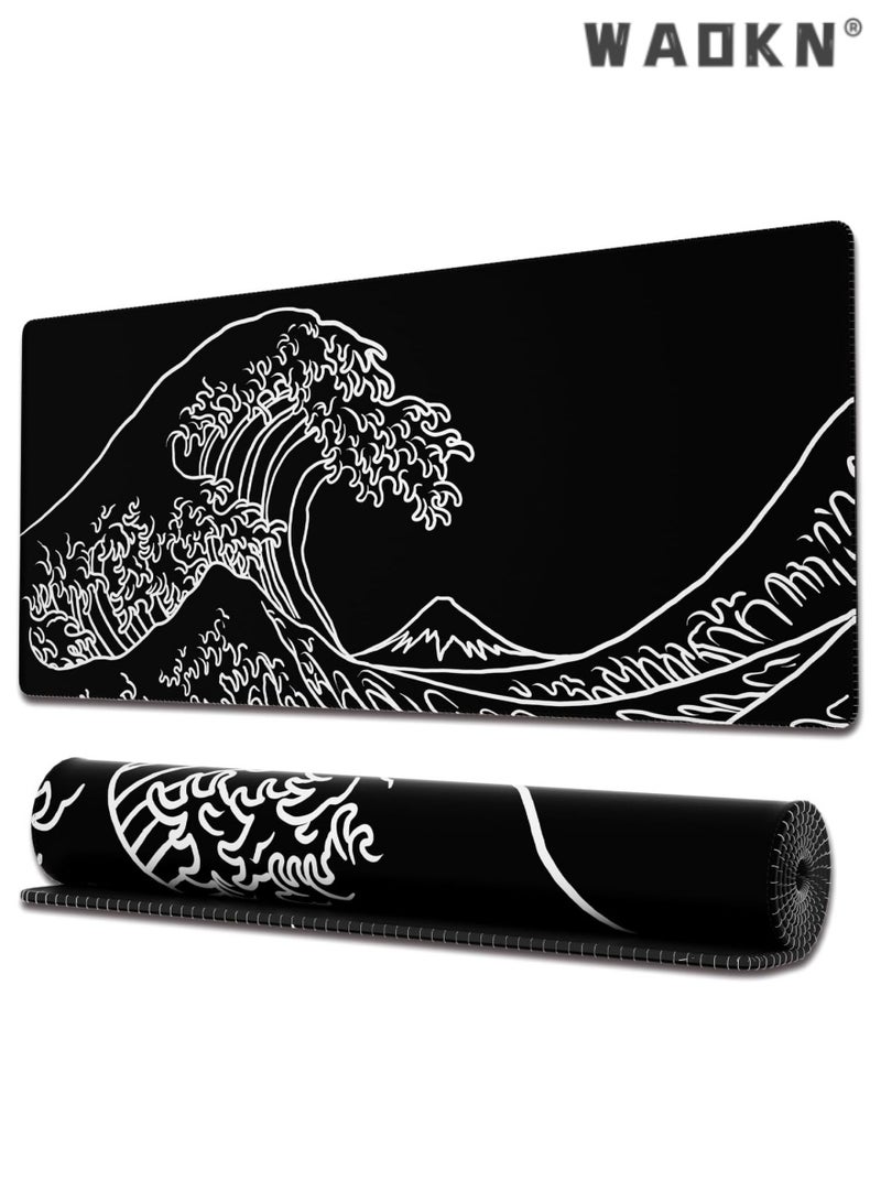 WAOKN Gaming Mouse Pad with Stitched Edges, Japanese Wave Black Mouse Pad, Extended XL Mousepad with Anti-Slip Base, Cool Large Mouse Pad for Desk, 31.5 x 11.8 in, Black  - Image 1