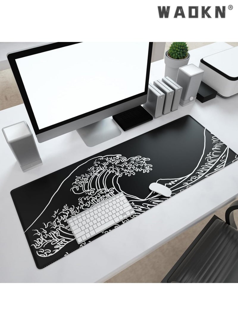 WAOKN Gaming Mouse Pad with Stitched Edges, Japanese Wave Black Mouse Pad, Extended XL Mousepad with Anti-Slip Base, Cool Large Mouse Pad for Desk, 31.5 x 11.8 in, Black  - Image 5