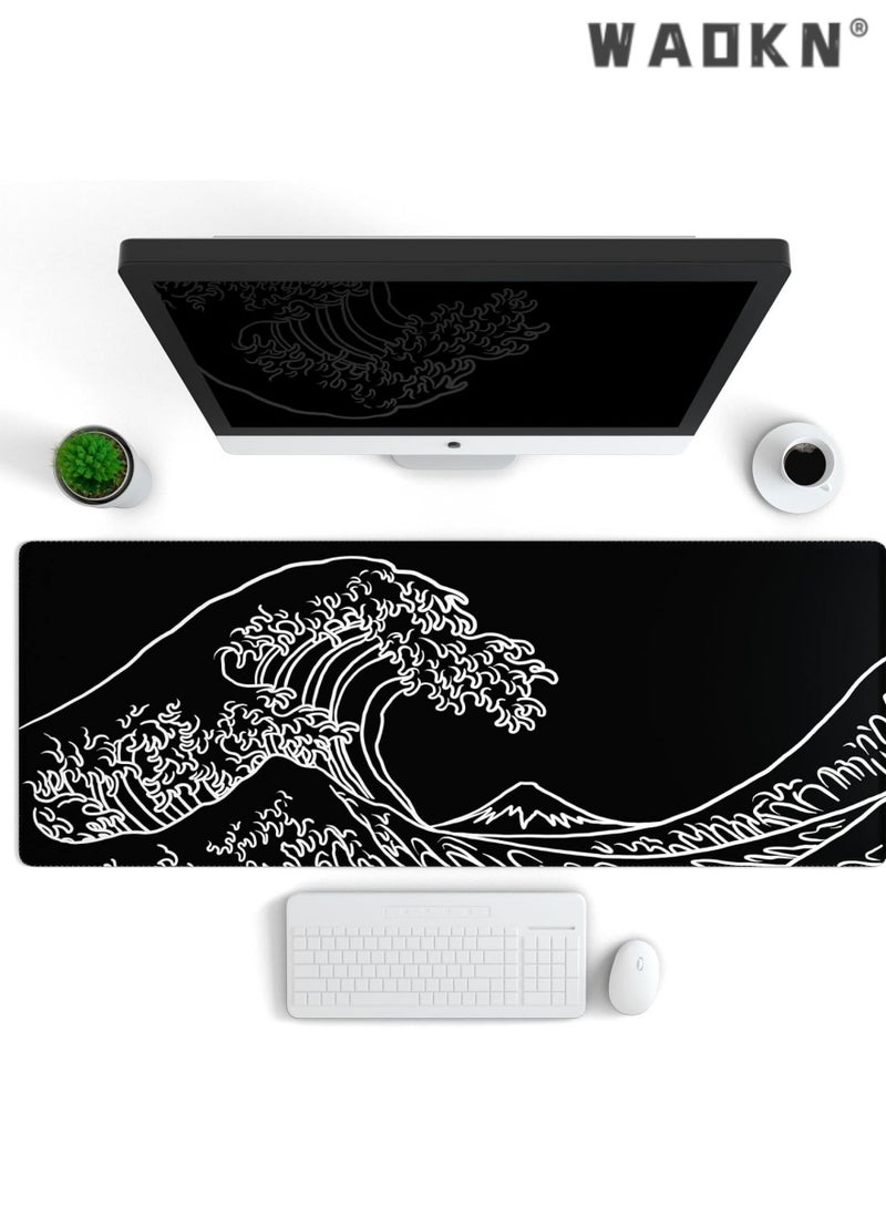 WAOKN Gaming Mouse Pad with Stitched Edges, Japanese Wave Black Mouse Pad, Extended XL Mousepad with Anti-Slip Base, Cool Large Mouse Pad for Desk, 31.5 x 11.8 in, Black  - Image 2