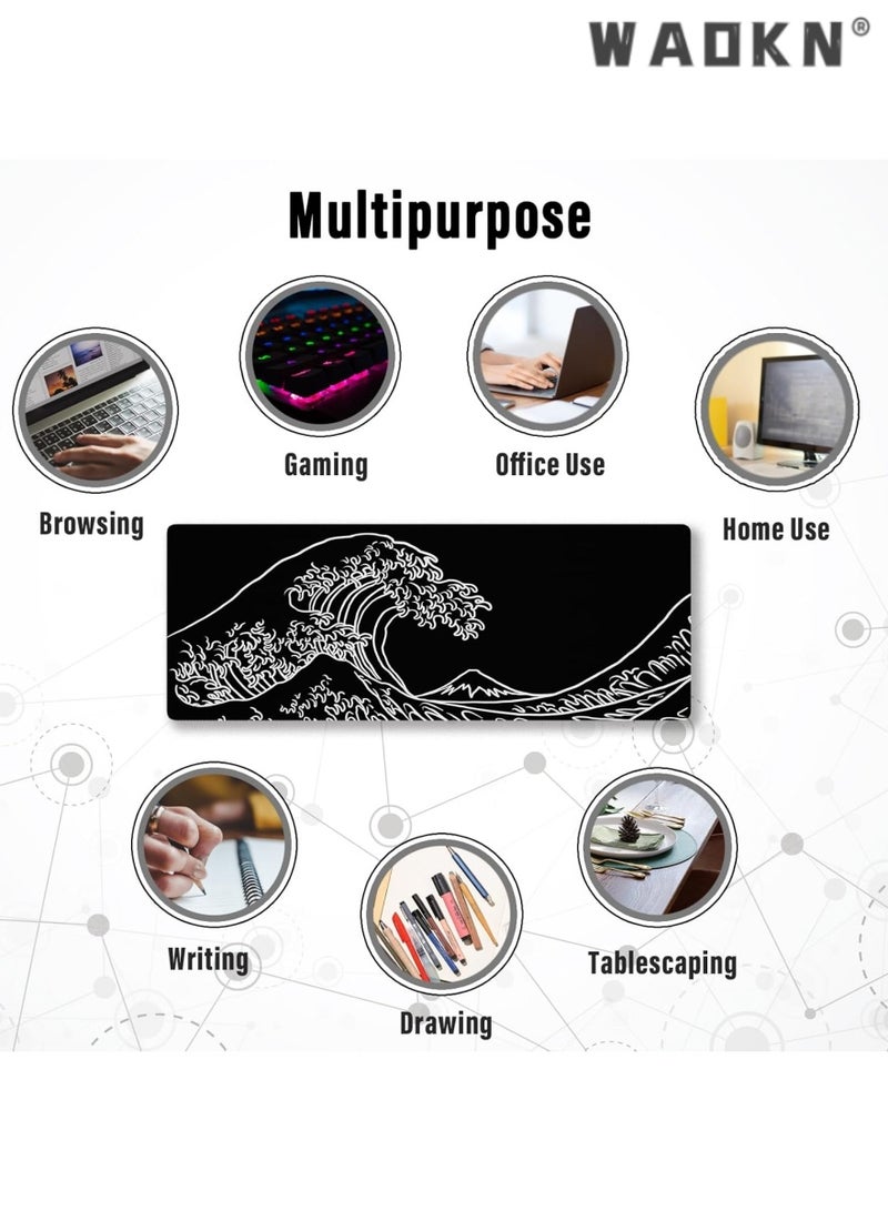 WAOKN Gaming Mouse Pad with Stitched Edges, Japanese Wave Black Mouse Pad, Extended XL Mousepad with Anti-Slip Base, Cool Large Mouse Pad for Desk, 31.5 x 11.8 in, Black  - Image 4