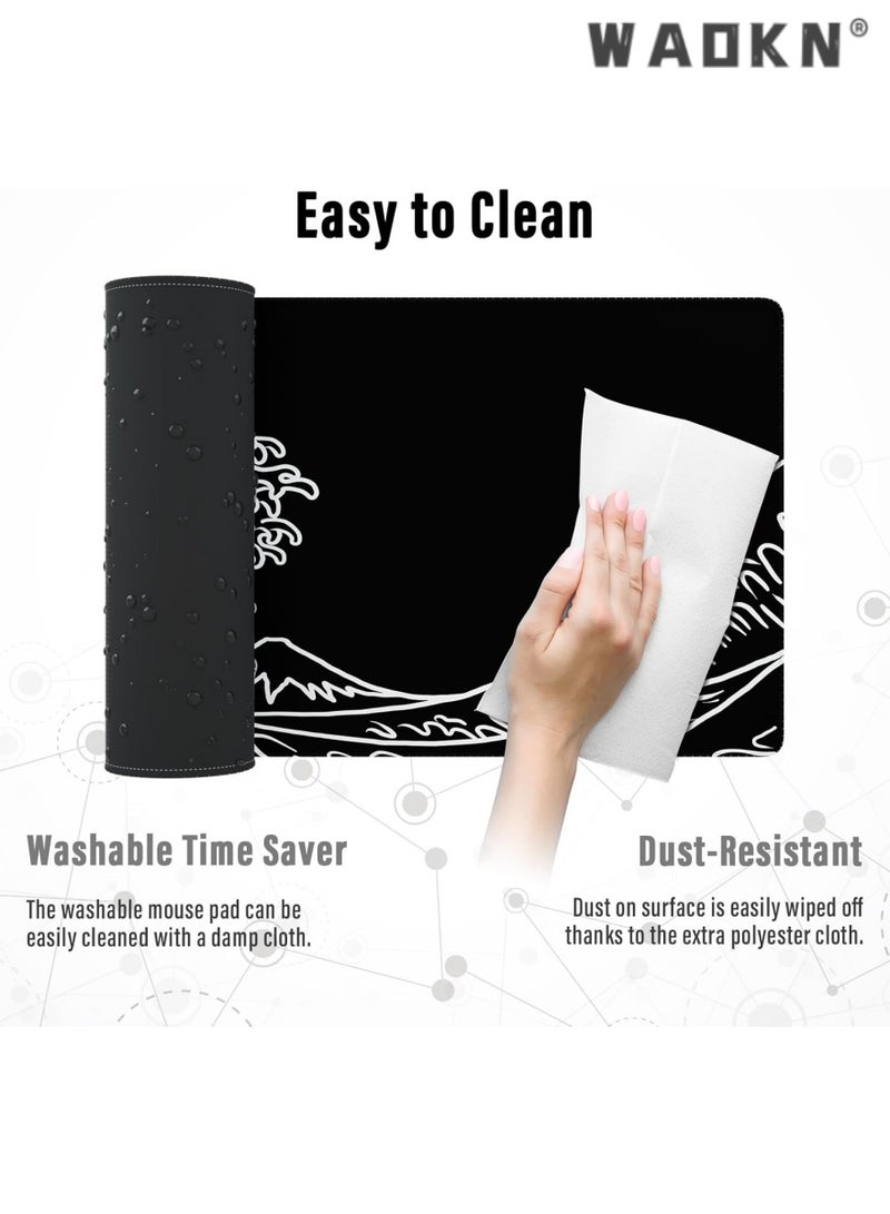 WAOKN Gaming Mouse Pad with Stitched Edges, Japanese Wave Black Mouse Pad, Extended XL Mousepad with Anti-Slip Base, Cool Large Mouse Pad for Desk, 31.5 x 11.8 in, Black  - Image 3