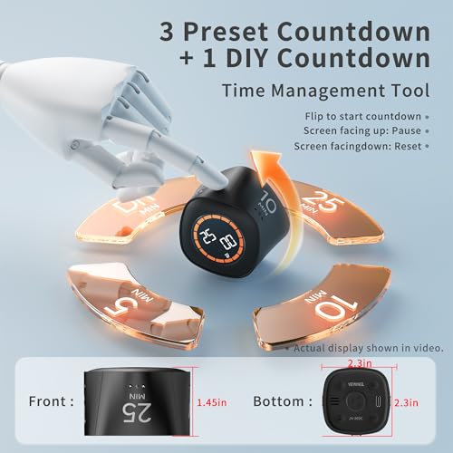 VEWINGL Cube Productivity Timer, 5/10/25/DIY Min Presets + Count-Up Mode, Time Display & Alarm Clock, Sound/Vibrate/Silent Alerts, Pause & Resume, Desk Timer for Work, Study, Kitchen (Black) - Image 2