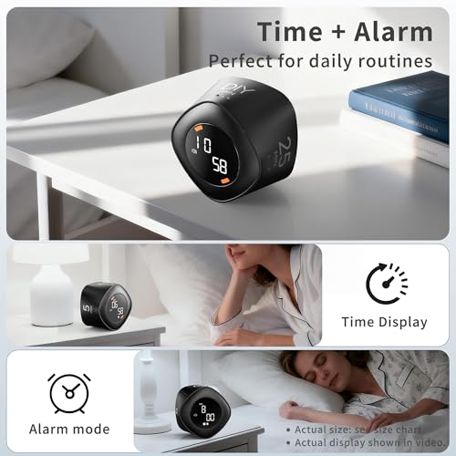 VEWINGL Cube Productivity Timer, 5/10/25/DIY Min Presets + Count-Up Mode, Time Display & Alarm Clock, Sound/Vibrate/Silent Alerts, Pause & Resume, Desk Timer for Work, Study, Kitchen (Black) - Image 3