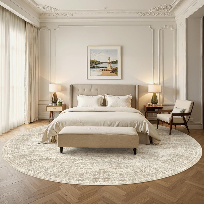 Soalmost 8x8 Beige Round Rug 8ft Living Room Circle Rug Vintage Round Area Rug Non Slip Indoor Carpet for Apartment - Image 4
