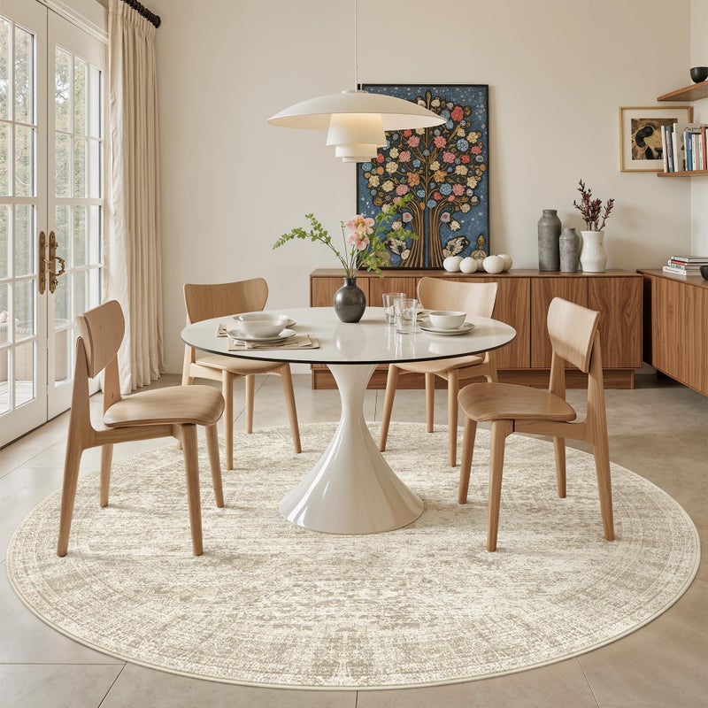 Soalmost 8x8 Beige Round Rug 8ft Living Room Circle Rug Vintage Round Area Rug Non Slip Indoor Carpet for Apartment - Image 3