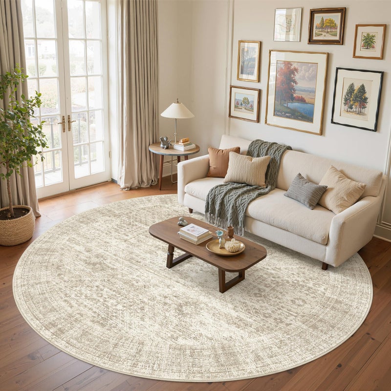 Soalmost 8x8 Beige Round Rug 8ft Living Room Circle Rug Vintage Round Area Rug Non Slip Indoor Carpet for Apartment - Image 1