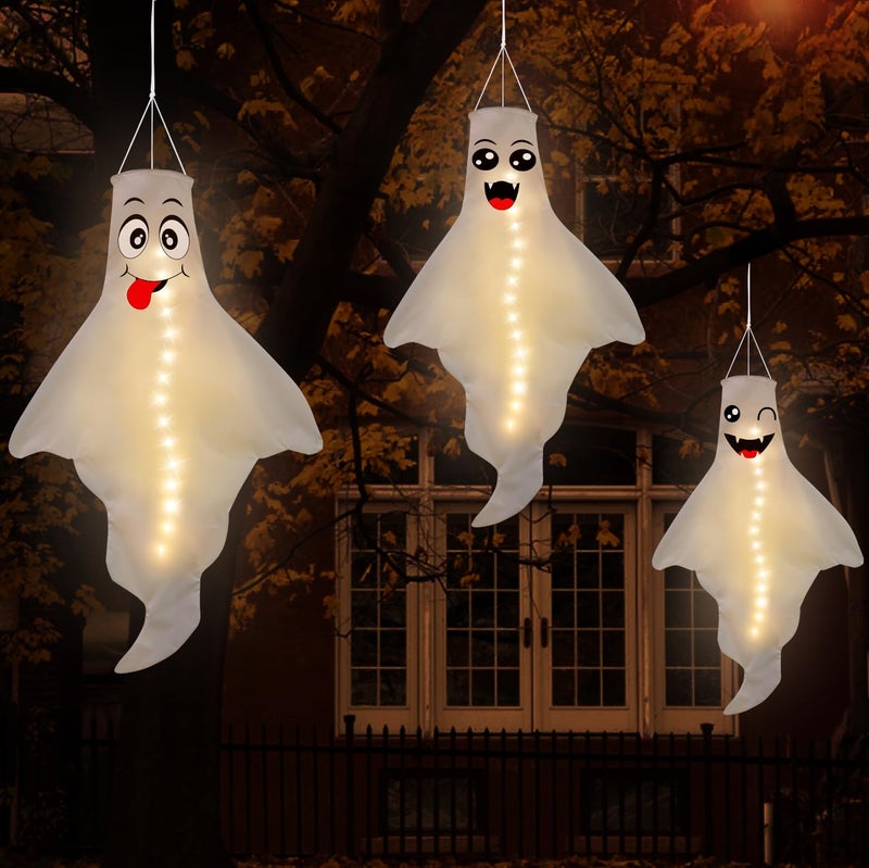Jpfezry 3PCS Halloween Decorations Outdoor LED Ghost Windsock Hanging Decor  Hallowmas Wind Sock Yard Tree Party SuppliesNot Included Batteries  No Timer