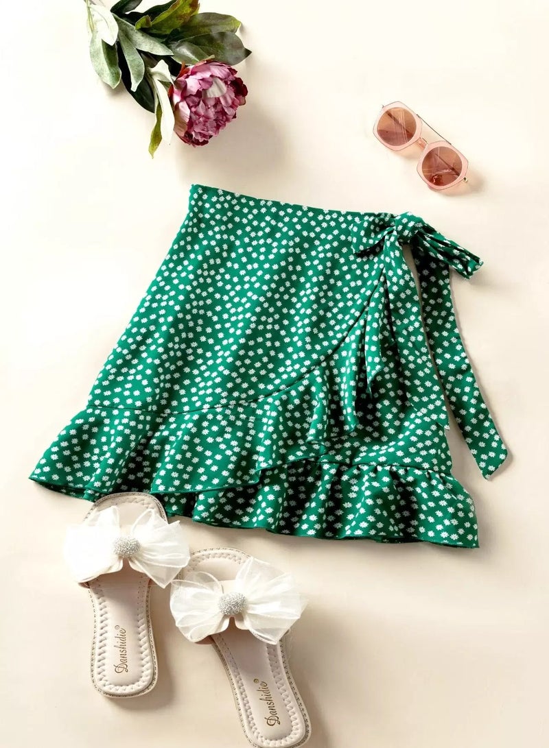 تنورة مزينة بكشكشة زهرية اللون مع عقدة ملفوفة - Image 1