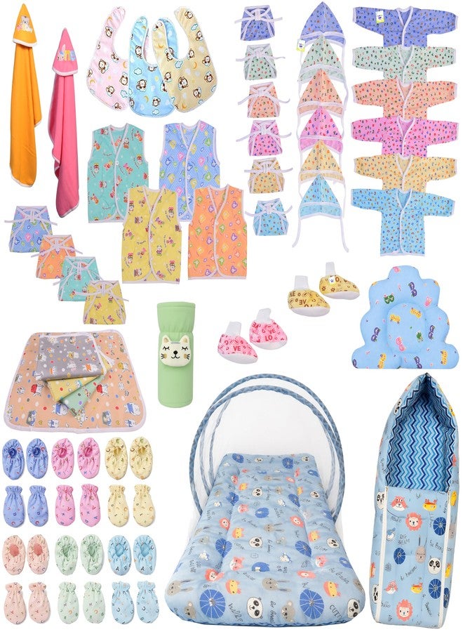 Kwitchy Newborn Baby Essentials Kit 53 Items Combo | New Born Baby Kit 0–6 Months | Baby Bed Bedding & Clothes Set | Newborns Hospital Bag & Infant Shower Gift (Blue) - Image 1