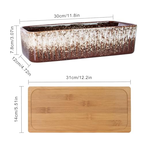 ARTKETTY Succulent Pots - 12 Inch Large Succulent Planters with Drainage Tray, Window Sill Planter, Long Rectangle Ceramic Pots for Indoor Cactus Plants Shallow Bonsai Window Box for Home Garden Decor - Image 2