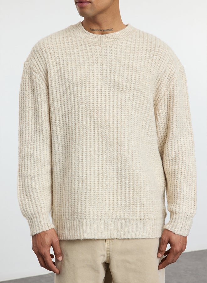 trendyol Stone Unisex Oversize Crew Neck Textured Knitwear Sweater - Image 3