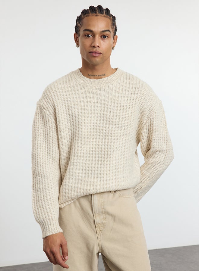 trendyol Stone Unisex Oversize Crew Neck Textured Knitwear Sweater - Image 2