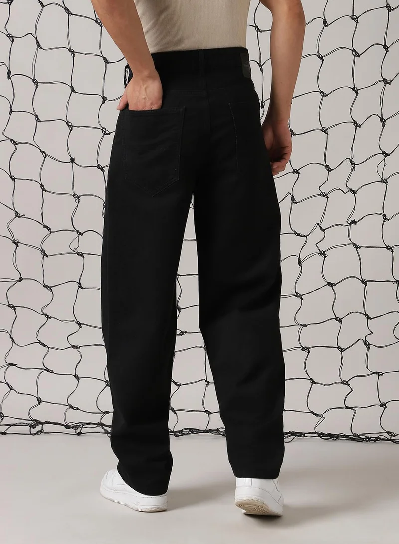 Hubberholme Men's Black Cotton Blend Distressed Full Length Relaxed Fit Jeans