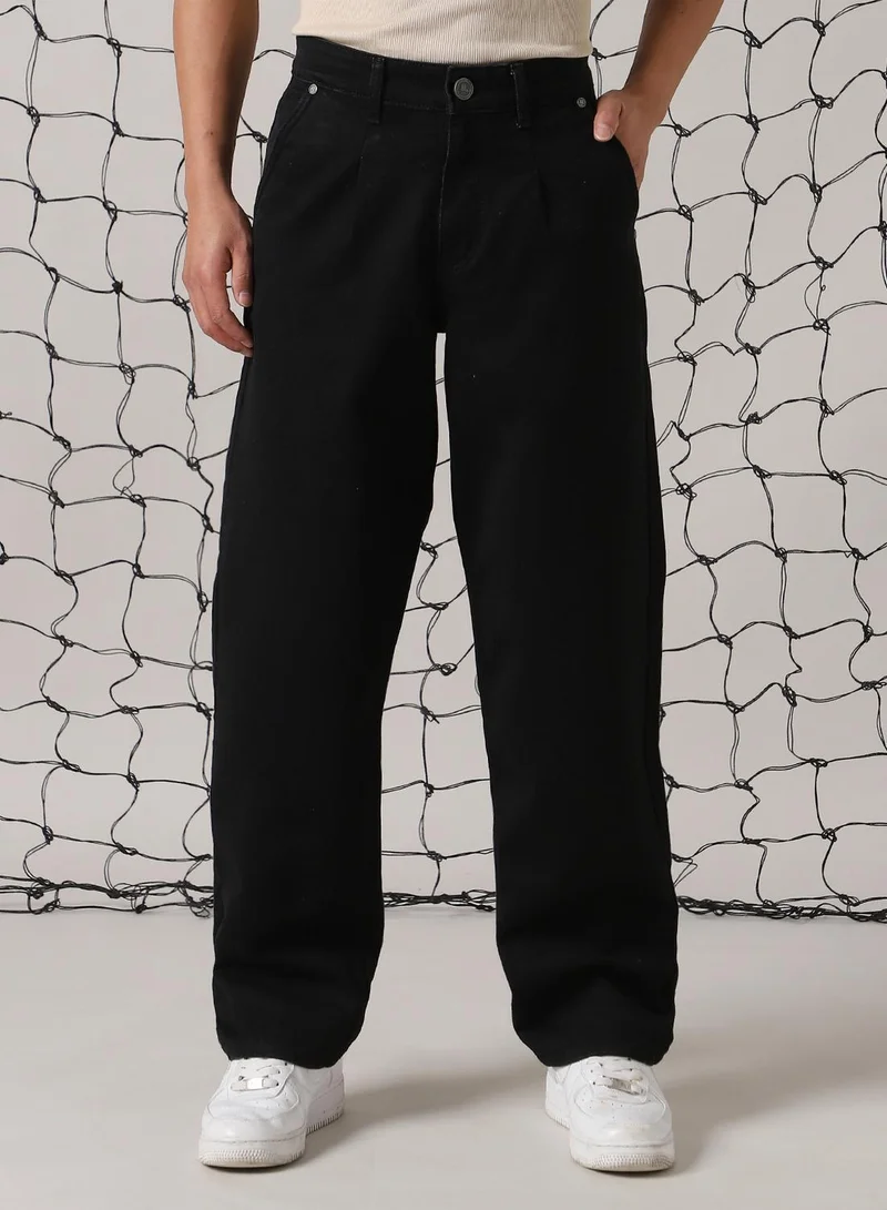 Hubberholme Men's Black Cotton Blend Distressed Full Length Relaxed Fit Jeans