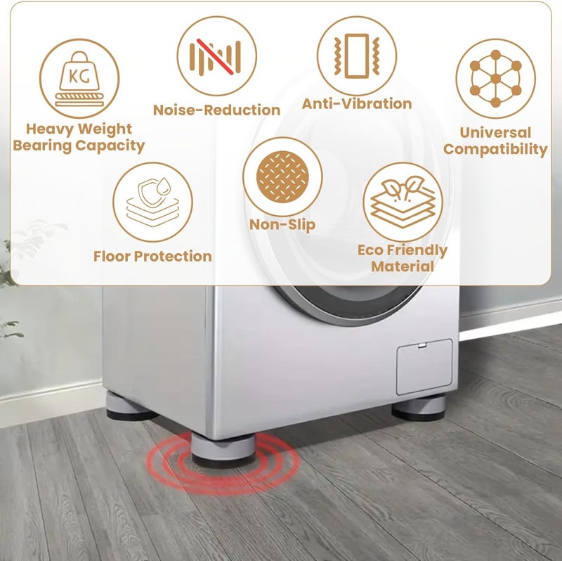JD FRESH Washing Machine Vibration Pads/Bracket Base for Washing Machine/Noise Reducing Refrigerator Stand with Height Adjustment Feet/Washing Machine Stands with Anti-Slip Rubber - Round (Grey-4 Pcs) - Image 3