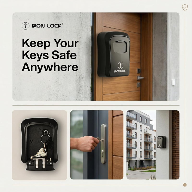 Iron Lock ® Key Lock Box Wall Mount – Medium Waterproof Heavy-Duty Metal Safe with 4-Digit Combination for Outdoor Access, Home Entry, Office Security, Rentals & Airbnb Use (Black, Medium) - Image 4