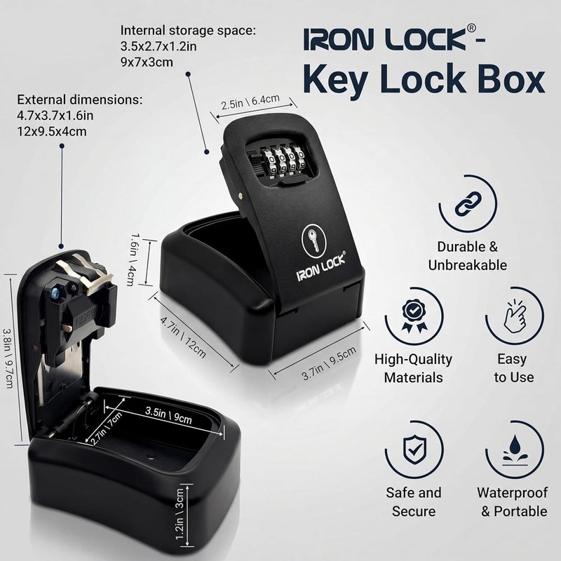 Iron Lock ® Key Lock Box Wall Mount – Medium Waterproof Heavy-Duty Metal Safe with 4-Digit Combination for Outdoor Access, Home Entry, Office Security, Rentals & Airbnb Use (Black, Medium) - Image 3