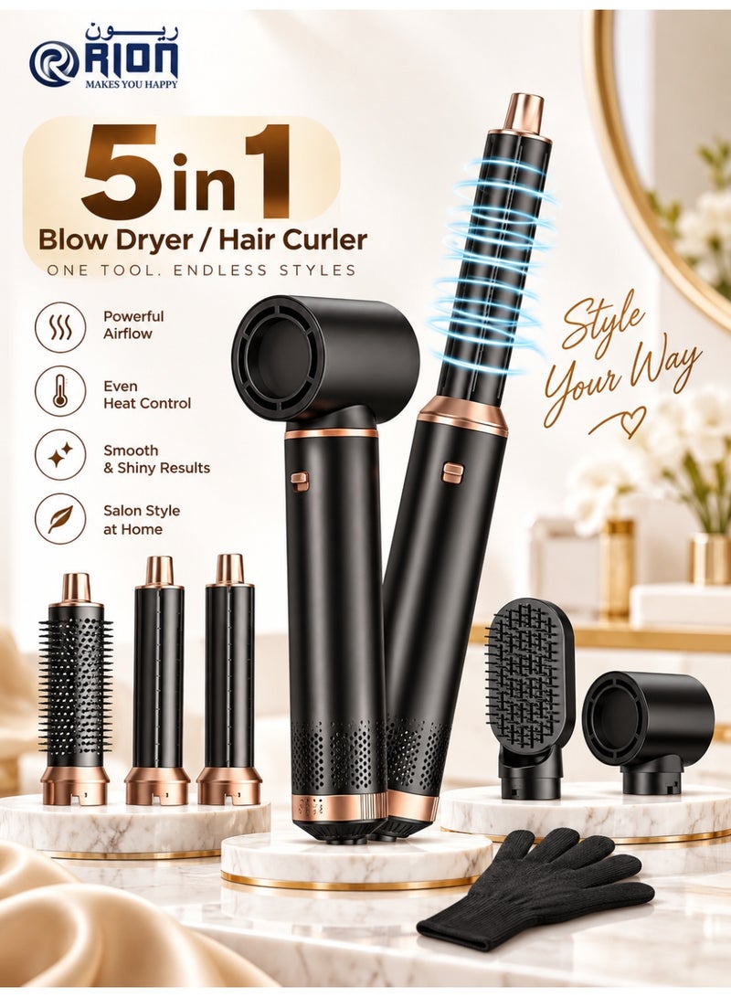 RION 5 in 1 Hair Styler Hot Air Brush – Hair Dryer, Curler, Straightener & Volumizer with Ionic Technology, Adjustable Heat Settings, Professional Multi Styling Tool for All Hair Types - Image 1